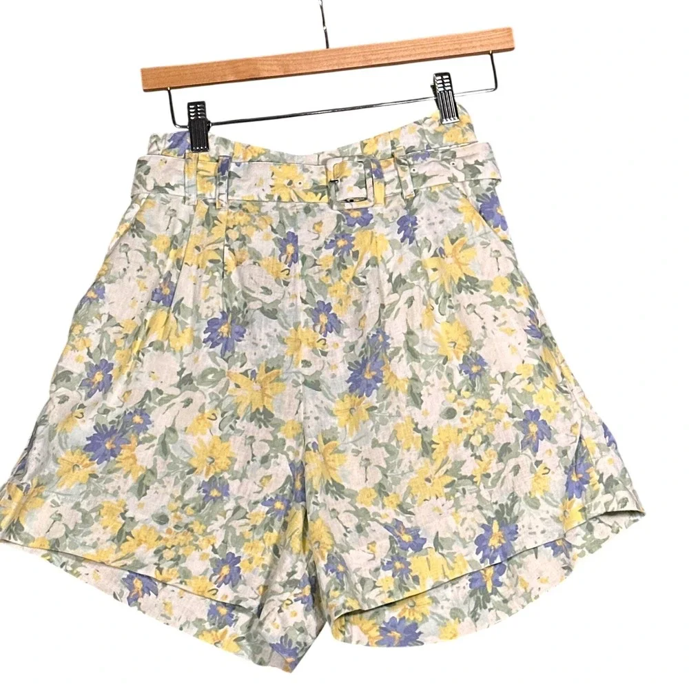 Abercrombie & Fitch Belted Floral High Rise Linen Blend Shorts Womens Med Yellow
